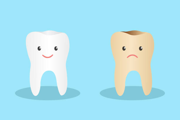 Dental Health And Cleaning Teeth Concept With Bright Healthy Tooth And Unhealthy Tooth.